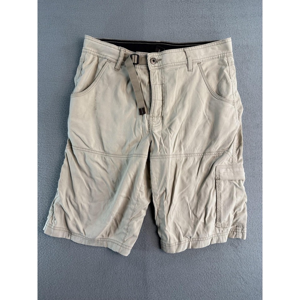 PrAna Zion Shorts Mens M Beige Cargo Canvas Belted 11 Inseam Hiking Casual